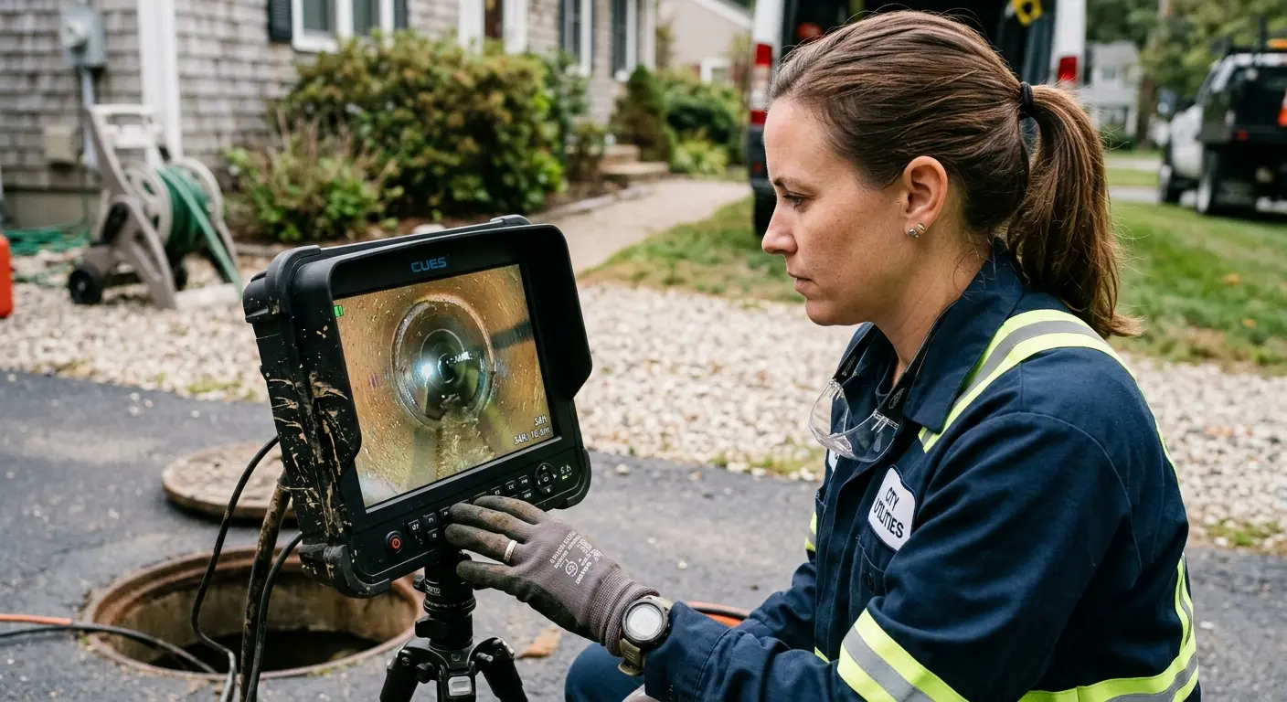 Technician reviewing sewer camera inspection footage in McCook
