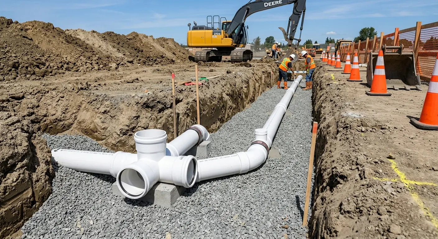 New PVC sewer pipe installation in open trench for Grease Trap Cleaning in McCook