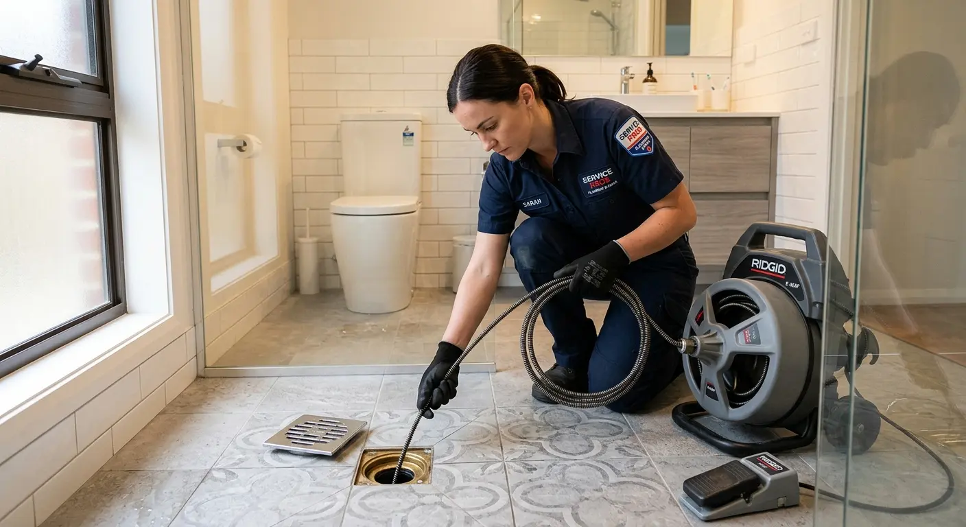 Technician clearing a bathroom floor drain for Drain Repair in McCook